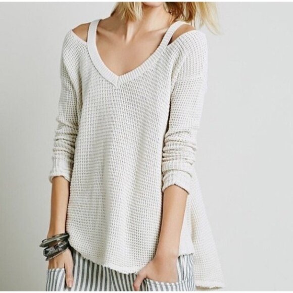 Free People Cold Shoulder Top Women's Small Ivory Raw Fringe Boho Waffle Sweater - Picture 1 of 12